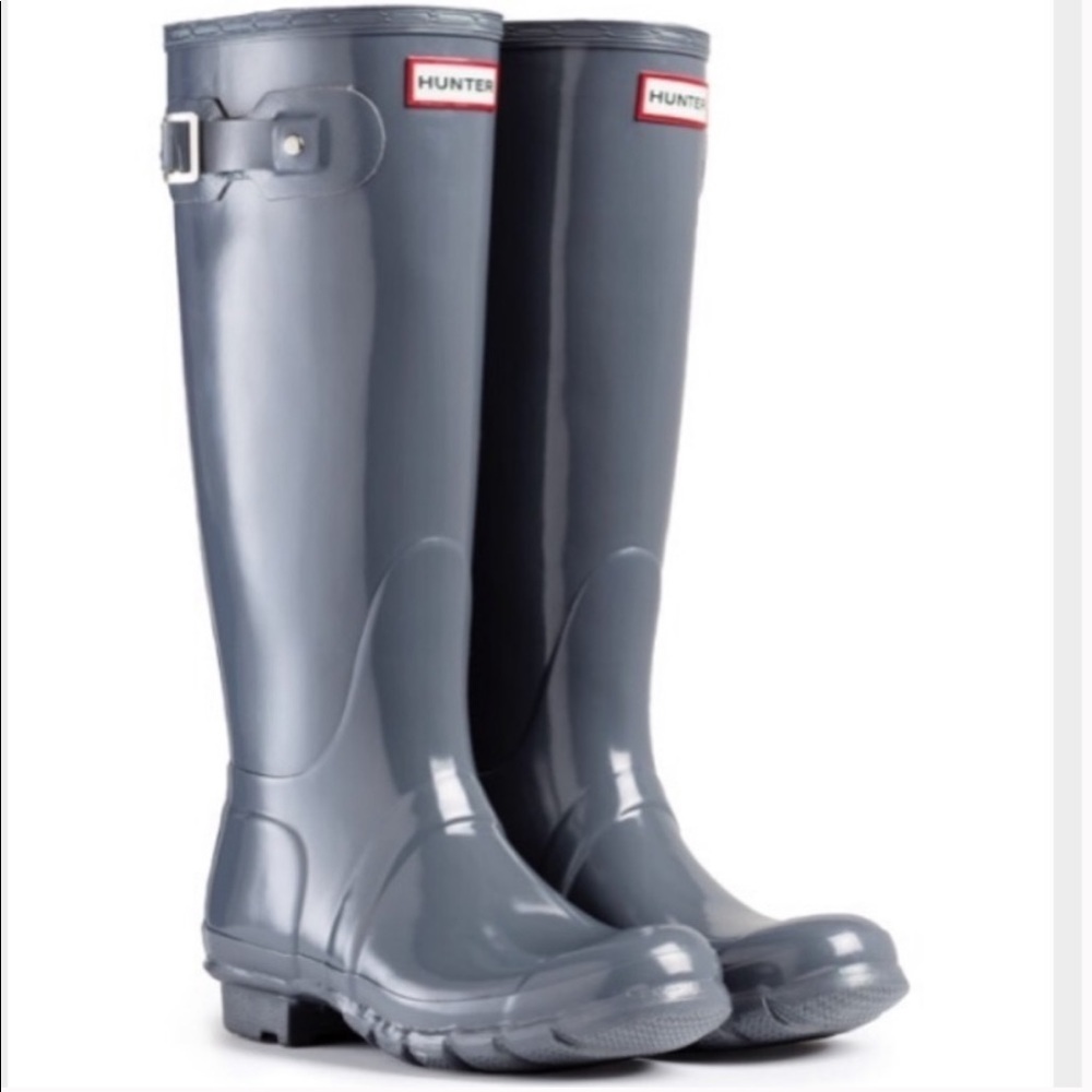 HUNTER Tall Glossy Rain Boots Grey
